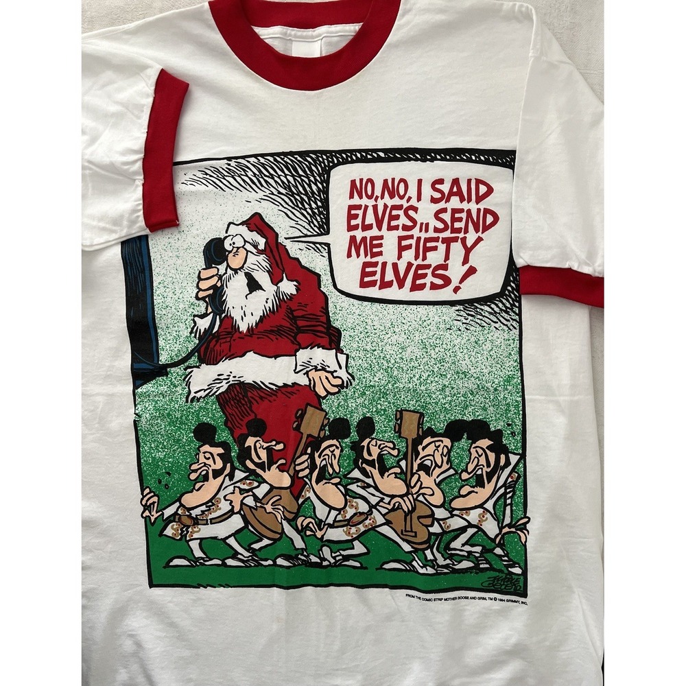 Vintage Mother Goose & Grimm Shirt XL White Ringer Santa Elvis Christmas 90s '94